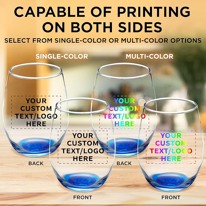Custom Stemless Wine Glass 9 oz. Set of 100, Personalized Bulk Pack - Great for Wedding Favors, Bachelorette Party Decorations, Party Favors, Color Bottom - Blue