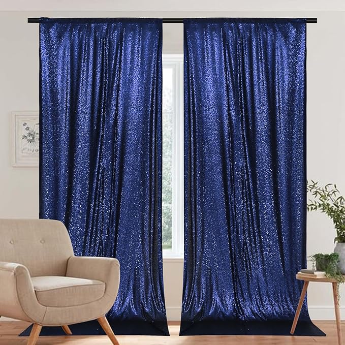 PartyDelight Navy Blue Sequin Backdrop 2 Panels 5Ft x 10FT Photography Christmas Curtain