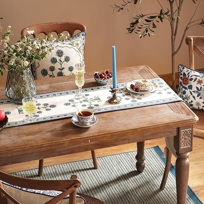 patdrea Designer Blue Rustic Elegant Floral Patterned Linen Table Runner 71 Inch Long,Wrinkle Resistant Table Mat,Decoration for Kitchen Dining and Coffee Tables Banquet Christmas , 12"x71"