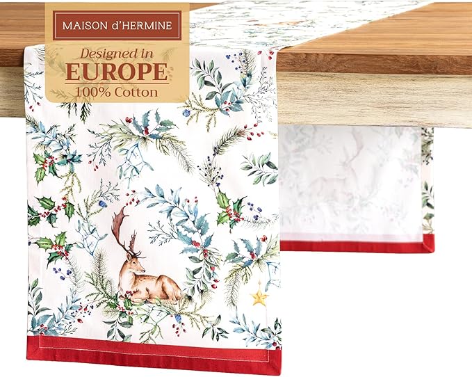 Maison d' Hermine Table Runner 100% Cotton Single Layer Table Runners 72 inches Long for Thanksgiving Christmas Decorations Home Kitchen Dining Party Wedding (Holly Time, 14.5" x 72")