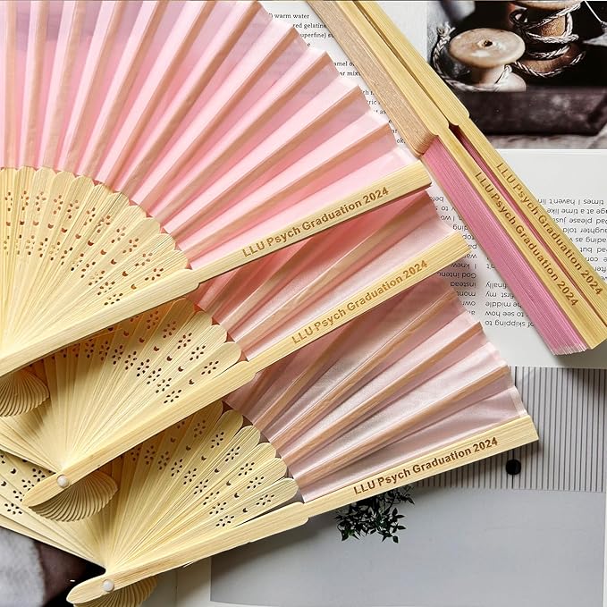 70 Pcs Personalized Pink Wedding Folding Fans for Guests, Custom Engraved Summer Wedding Fans, Folded Hand Fans for Wedding Favors, Vintage Silk Handheld Fans for Bridal Shower Decorations