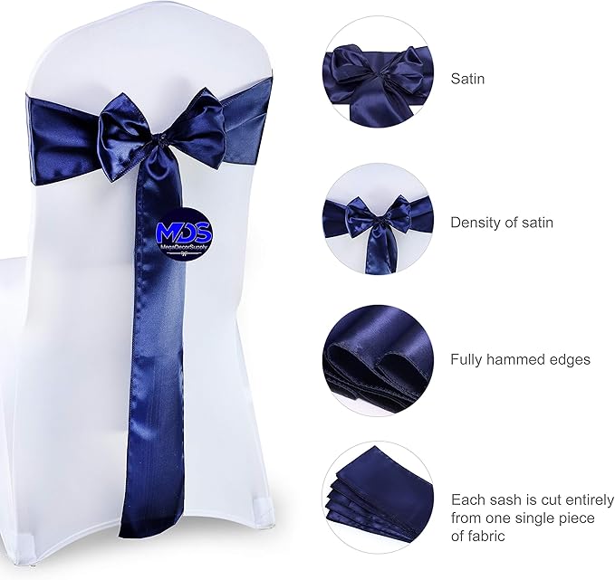 MDS Pack of 25 PCS Satin Chair Sashes Charmeuse Sateen Dining Chair Bows Ribbon Ties Back Sash for Wedding Party Birthday Home Hotel Restaurant Banquet Decoration (7 x 108 Inch, Navy Blue)