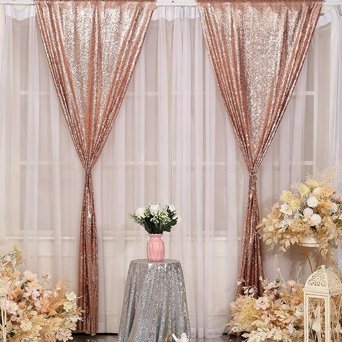 Poise3EHome Rose Gold Sequin Backdrop Curtain, 4 Pieces 3FT x 8FT Sequin Backdrop Panels,Sequence Wedding Party Background Drapes
