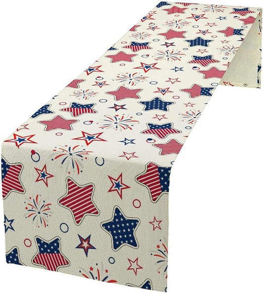 4th of July Table Runner, American Patriotic Independence Day Red Blue White Stars Stripes Fireworks Print Table Runner for Home Party Decor Kitchen Dining Table, 13x70inch