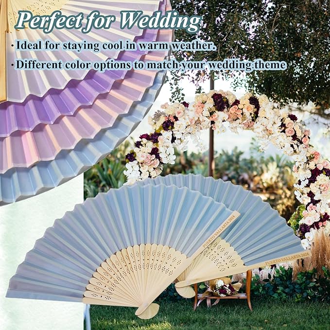 Personalized Engraved Light Blue Fans Folding Hand Fans 80 Pcs, Summer Wedding Fans, Custom Imitated Silk-Bamboo Fans for Guests Wedding Party Favor Bridal Shower Gifts Party Decoration