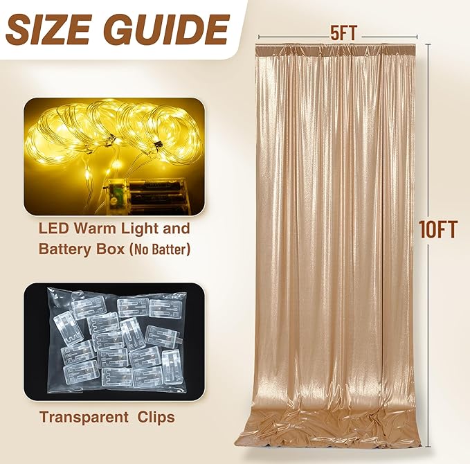 PartyVillage 10x10FT Champagne Gold Sequin Backdrop Curtain with String Lights – 2 Panels 5x10FT Sparkly Wrinkle-Free Glitter Backdrop Drapes for Wedding, Birthday, Photography, Graduation Party Décor