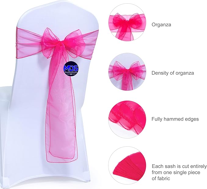 MDS Pack of 10 PCS Organza Chair Sashes Wider Dining Chair Bows Ribbon Tie Back for Wedding Party Birthday Bridal Shower Reception Event Banquet Home Chair Cover Decoration - Magenta