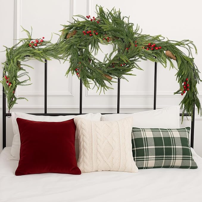 6FT Norfolk Pine Garland Christmas Artificial Greenery with Red Berries Cones, Pine Tree Decor for Mantel Fireplace Stair Rail Doorway Table, Indoor Outdoor Winter Christmas Decorations