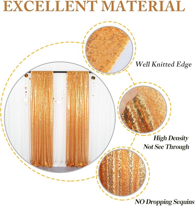 ShinyBeauty Gold Sequin Curtains 4 Panels Golden Backdrop Photo Backdrops Shimmer Background Birthday Party Weeding Decor Glitter Fabric Curtain (2FTx8FT)
