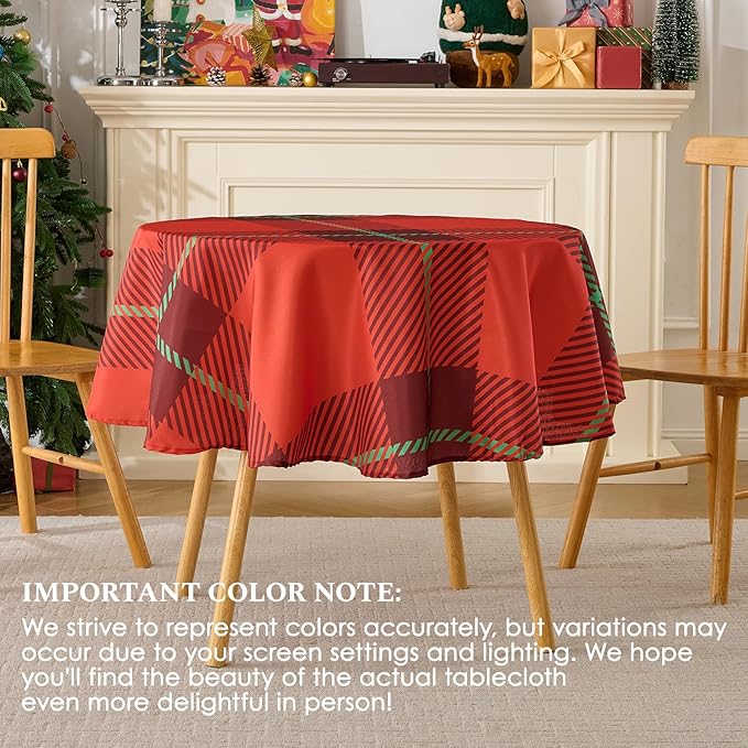 Christmas Tablecloth Round 60 Inch Waterproof, Machine Washable Checkered Polyester Table Cover for Xmas Party, Winter Holiday Home Decoration in Festive Checkered Red 1pack