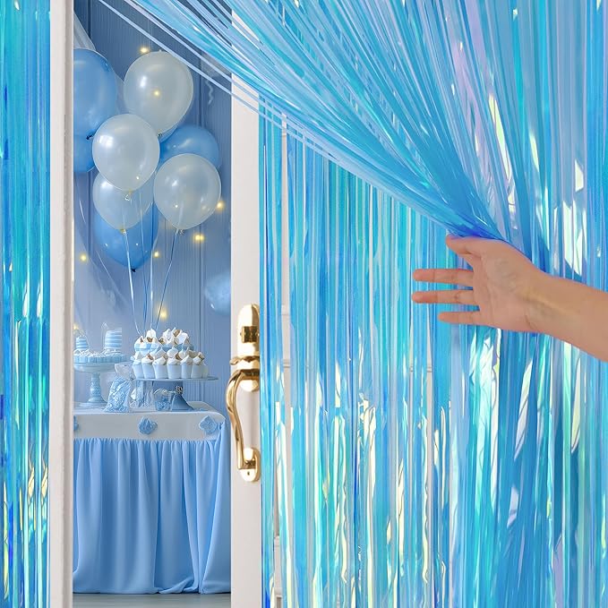 2 Pack Blue Iridescent Streamers Backdrop, 3.3x6.6ft Foil Fringe Curtains Holographic Door Tinsel Streamers for Birthday, Wedding, Holiday, Bachelorette, Christmas, Winter Theme Party Decorations