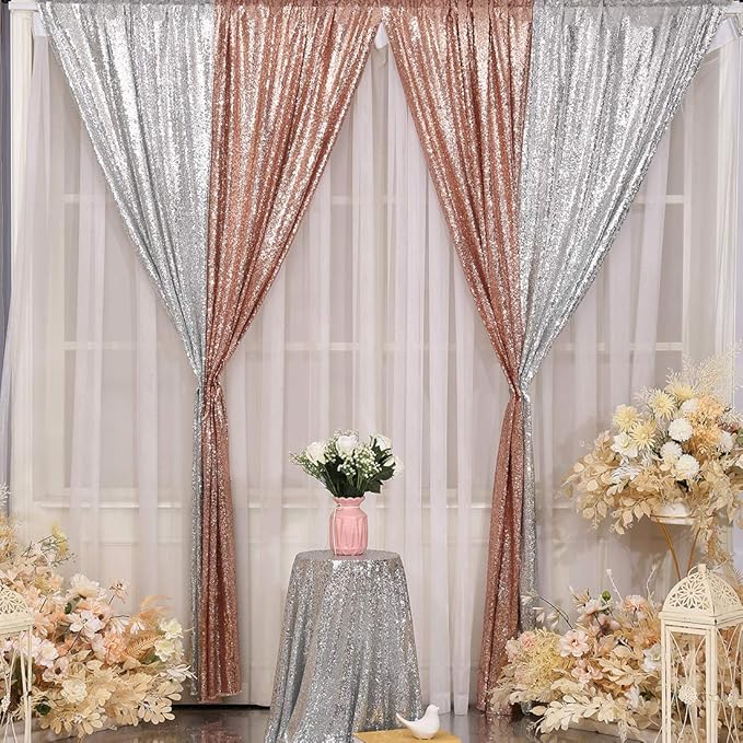 Poise3EHome 2Pcs 3Ft x 8Ft Rose Gold Sequin Backdrop Curtain, Glitter Photography Background, Sequence Xmas Thanksgiving Backdrop for Wedding Party Holiday Festival Decor