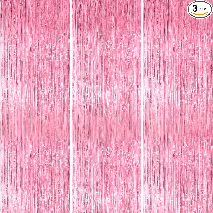 PartyWoo Pink Streamers Foil Fringe Curtain Backdrop 3Pcs 8.2ft Pastel Baby Light Pink Tinsel Backdrop for Princess Girls Baby Shower Birthday Graduation Wedding Sweet Bow Party Decorations