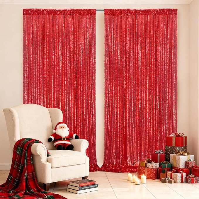 Poise3EHome Red Sequin Backdrop Curtain,2 PCS 5FT x 10FT Glitter Panels for Birthday Party Baby Shower Wedding Christmas Thanksgiving Holiday Festival Decor