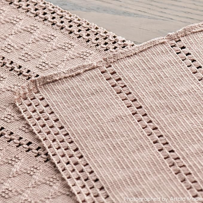 Artoid Mode Pink Farmhouse Woven Rustic Hollow Table Runner, Seasonal Holiday Hollow Kitchen Dining Table Decoration for Home Party Decor 12x60 Inch