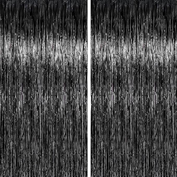 Black Foil Fringe Backdrop Curtains,2 Pack Tinsel Streamers Birthday Party Decorations,Black Fringe Backdrop for men birthday Decorations,Graduation/Prom/Emo/Wars/Halloween Party Decorations,3.3x6.6ft