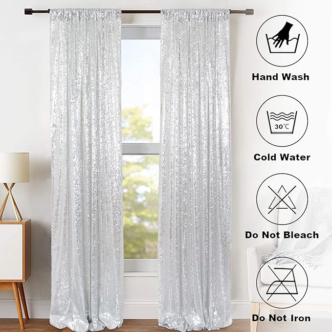 ShinyBeauty Sparkle Backdrop Curtain Silver 2 Panels Set Sequin Photo Backdrop 2FTx8FT Sequin Backdrop Curtain Pack of 2-1220S