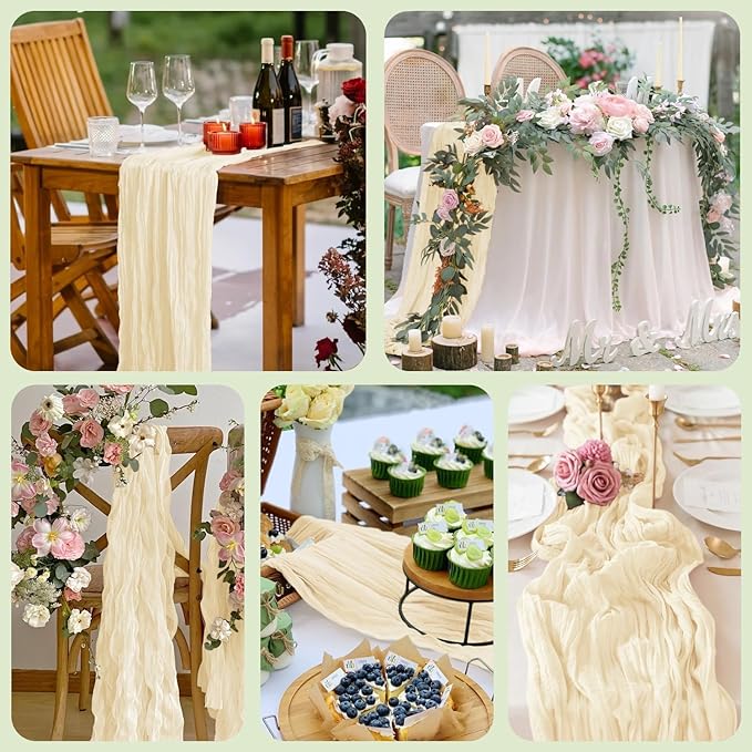 12Pcs Beige Cheesecloth Table Runner 120 Inch10FT Beige Rustic Boho Cheesecloth Table Runnerfor Wedding Party Baby Shower Birthday Home Decor Holiday Decorations