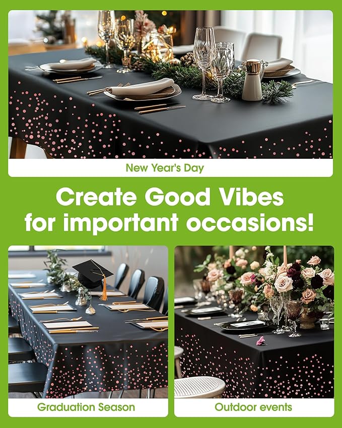 Pureegg Plastic Table Cloth Disposable 10 Pack, 54 x 108 Inch Table Cloths, Graduation Decorations of 2025, Graduation Tablecloths, Rectangle, Plastic Cover, Leakproof & Sturdy, Black and Rose Gold