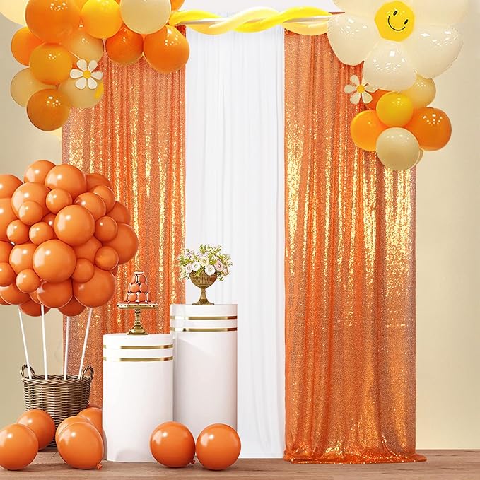 Juya Delight Orange Sequin Backdrop Curtain,2PCS 2FTx8ft Glitter Backdrop Curtain for Party,Birthday,Christmas Wedding Decoration,Orange