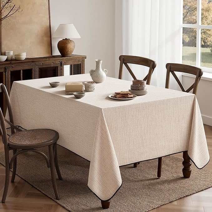 MIULEE Ivory-Black Linen Tablecloth 60x84 Inch Rectangle Table Cloth Waterproof,Stain Resistant & Wrinkle Resistant for Dining Party Wedding