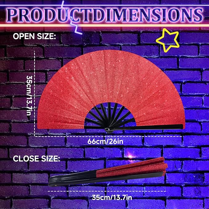 Glitter Large Fans Red Fans for Line Dancing Boots on The Ground Fan Shiny Popping Clacking Fan Hand Fans for Women Foldable Rave Accessories for Festival, Party, Club, Dance