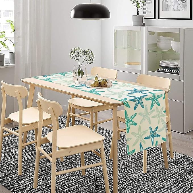 Starfish Plaid Table Flag Green Plaid and Marine Life Starfish Kitchen Table Flag Suitable for Birthday Party Restaurant Decoration Outdoor Picnic 13 * 70 Inch
