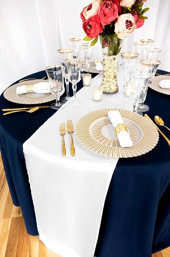 12 Pack White Satin Table Runner 12 x 108 inch Long Premium Smooth Table Runner for Wedding, Banquets, Birthday, Party, Graduation, Engagements,Table Runners fit Rectangle and Round Table