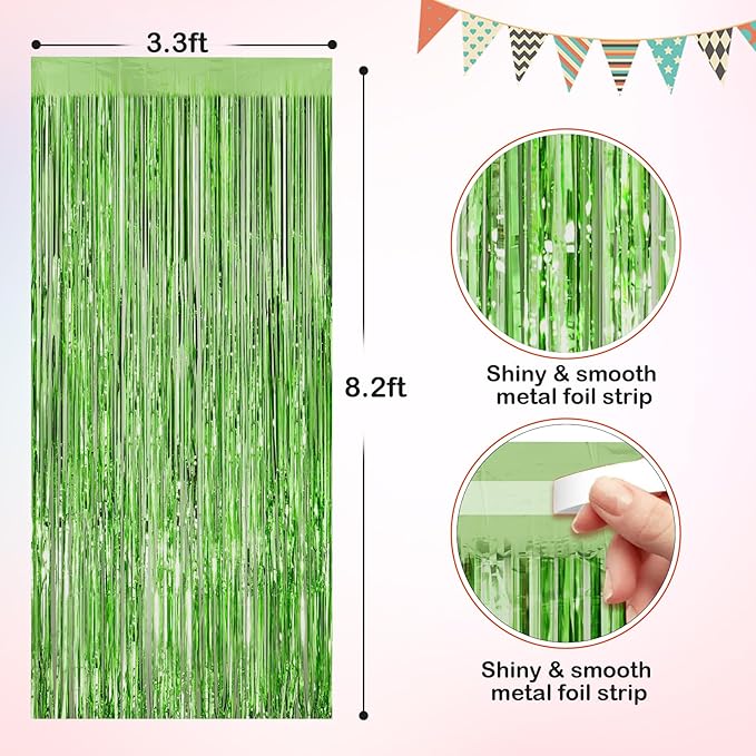 Light Green Metallic Tinsel Foil Fringe Curtains, 2 Pack 3.3x8.3 Feet Party Streamer for Birthday Party Decorations, Halloween Decor, Foil Curtain for Bachelorette Party