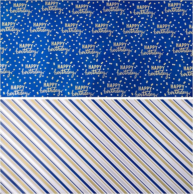 LeZakaa Reversible Blue Birthday Wrapping Paper Roll for Boys Men, Happy Birthday Lettering & Stripe Pattern with Metallic Foil in Navy Blue, Mini Roll, 17 inches x 32.8 Feet (46.45 sq.ft.)