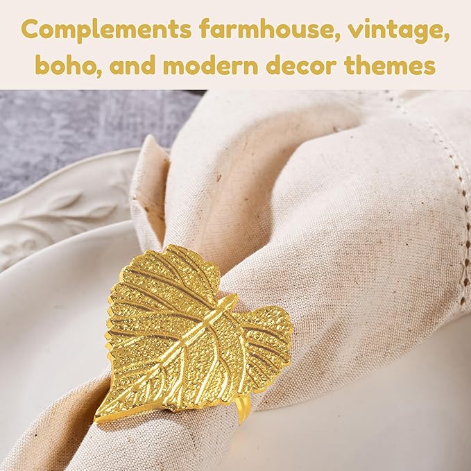 Elegant Handcrafted Leaf Napkin Rings - Set of 12 Premium Aluminum Holders for Dinner Parties, Weddings, Special Occasions & Everyday Dining (Gold) - CLEENTABLE