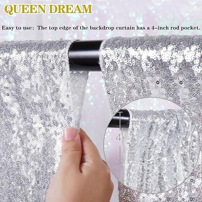 Silver Sequin Backdrop 2 Panels 2FTx8FT Christmas Party Backdrop Curtains Glitter Photo Background for Wedding Baby Shower Stage Decorations
