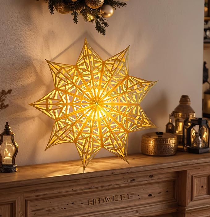 5Pcs Christmas Paper Snowflake Lanterns, Large Christmas Paper Star Lanterns with LED Lights White Beige Khaki Hanging Snowflake Lamps for Xmas Winter Frozen Wedding Birthday Holiday Party Decorations