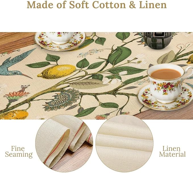 Table Runner with Flowers and Birds, Spring Plant Flowers Table Decoration Linen Table Runner Family Party Party Decorations 13x60 Inches