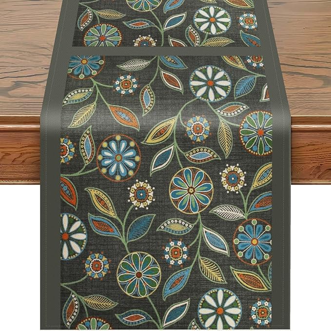 Snycler Table Runner Boho Table Runners Vintage Elegant Farmhouse Table Center Linen Decor for Home Dining Party Entrance (13x72 Inch) Gray&Green