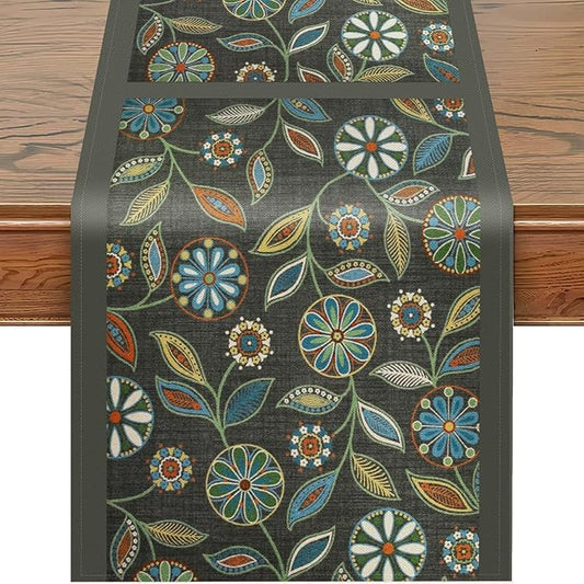 Snycler Table Runner Boho Table Runners Vintage Elegant Farmhouse Table Center Linen Decor for Home Dining Party Entrance (13x48 Inch) Gray&Green