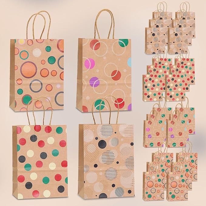 piqiya 24pcs Vintage Polka Dot Gift Bags with Handles,Colorful Dots, Circles, Spots Pattern Kraft Paper Bags for Clown Joker Party,Birthday Gift Wrap,Goody Treat Bags
