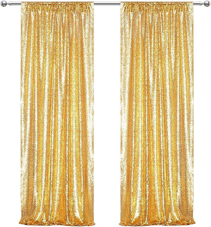 Juya Delight 2PCS 2FTx8FT Gold Sequin Curtains - Glitter Photo Backdrop for Party Birthday Wedding Wall Decoration