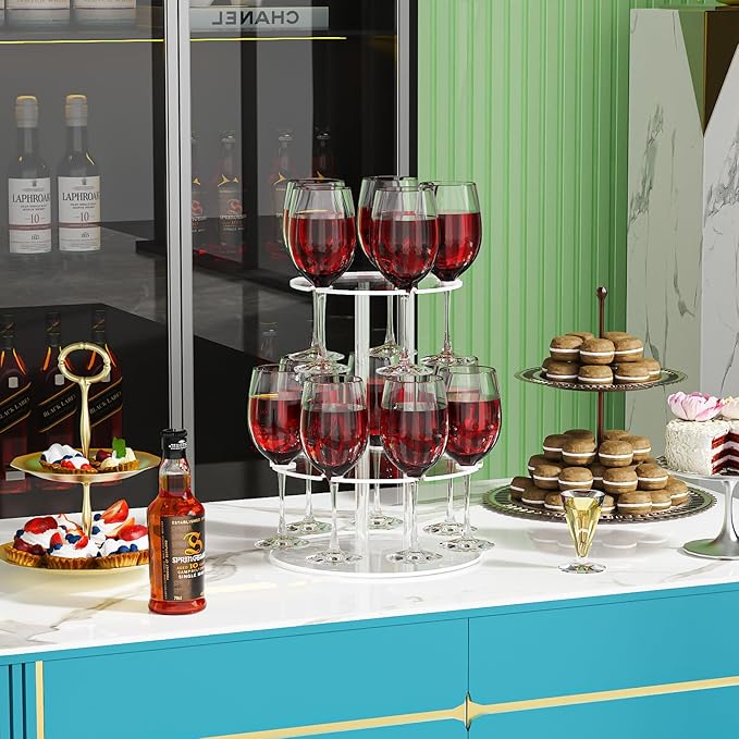 Champagne Tower, Circle Acrylic Champagne Display Rack Stand with 12 Slots, 2 Tiers Floating Sight Champagne Flute Holder for Party, Wedding, School, Celebration, 11.8x11.8x15.4 inch, 2 Pcs