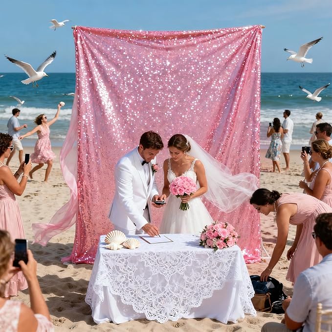 VOK Pink Sequin Backdrop Curtains 4 Panels 2FTx8FT Glitter Photography Background for Wedding Birthday Christmas Party Decorations