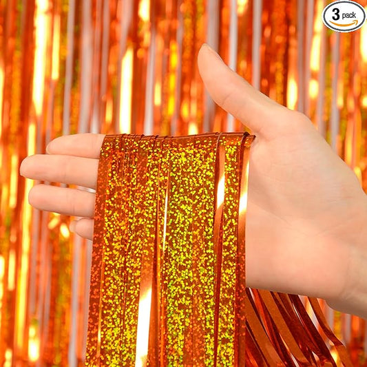 Reusable Foil fringe Curtains Halloween Decor Indoor Party Decorations - Melsan 3 Pack 3.2 x 8.2 ft Tinsel Curtain Party Photo Backdrop for Birthday Party Baby Shower or Graduation Decorations (Orange)