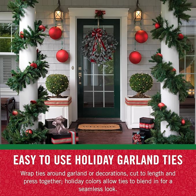 VELCRO Brand Holiday Garland Ties or Cable Straps | Hang Garlands, Lights or Wreath | for Banister, Railings, Stairs or Lamp Posts | 30ft Roll Cut to Custom Length | Red