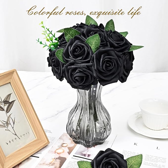 BLEUM CADE 36Pcs Artificial Flowers Fake Roses with Stems, Black Boxed Foam Roses for DIY Bouquets Centerpieces Wedding Party Arrangement Bridal Shower Decor