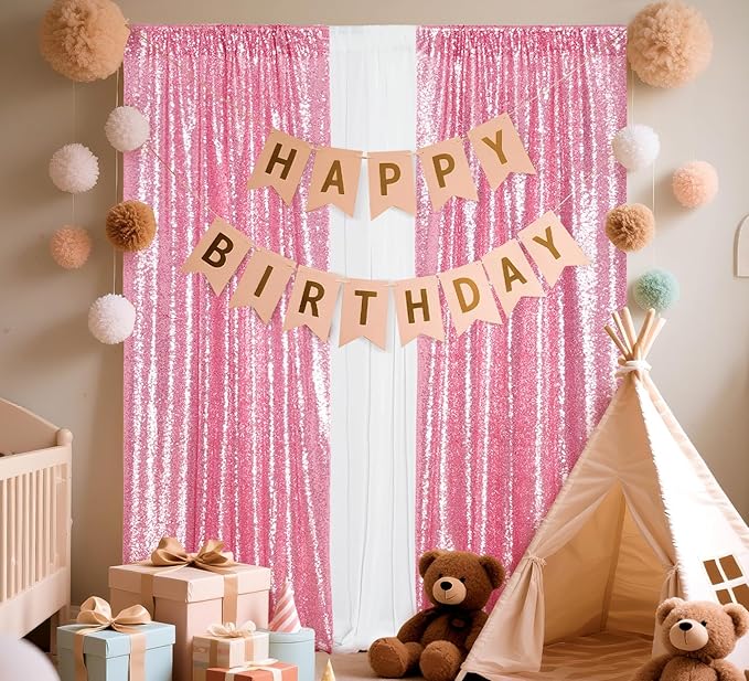 Juya Delight 2Pcs 2FTx8FT Pink Sequin Backdrop Curtains Fuchsia Pink Glitter Backdrop for Party Birthday Wedding Decoration