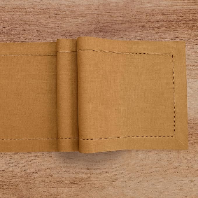 Solino Home Linen Brown Sugar Table Runner 132 Inches Long - 100% Pure Linen Extra Long Table Runner 14 x 132 Inch for Fall, Autumn, Thanksgiving - Classic Hemstitch