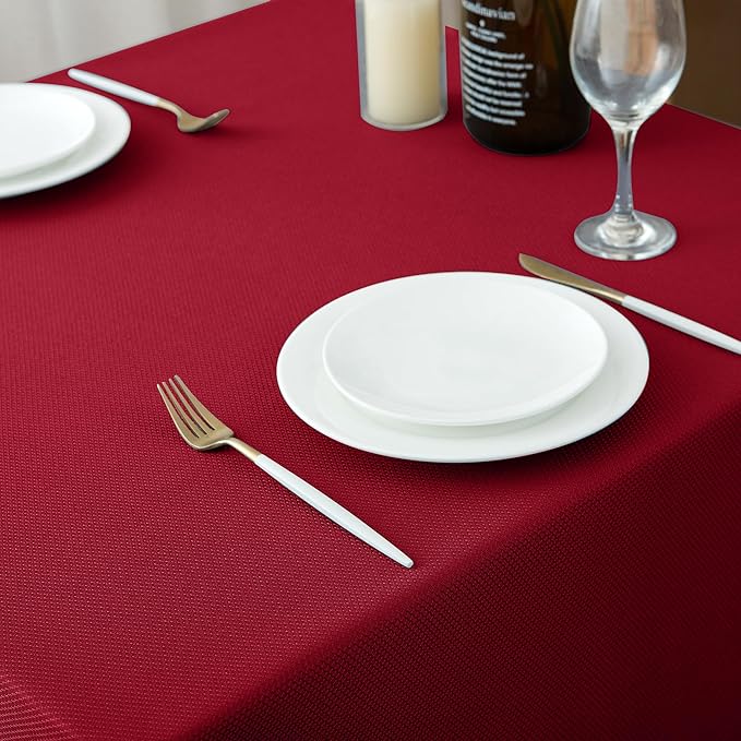 Biscaynebay Textured Fabric Christmas Square Table Cloth 90x90 Inch, Red Water Resistant Tablecloths for Dining, Kitchen, Wedding and Parties, Machine Washable