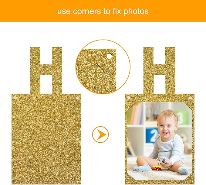 Birthday Photo Banner with 2 Strings of Fairy Lights for Children and Adult Birthday Party Decorations, Annual Milestone Happy Birthday Banner (Gold)