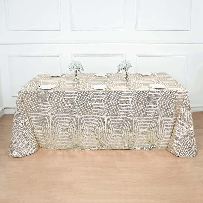 Efavormart 90"X132" Champagne Sparkly Sequin Geometric Tulle Rectangular Tablecloth