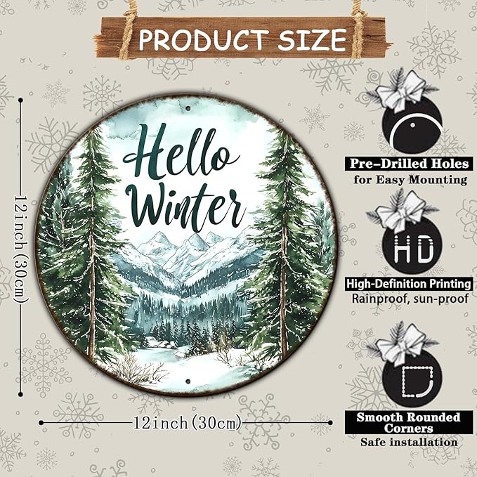 Round Christmas Metal Tin Sign Hello Winter Sign Christmas Pine Trees Welcome Door Sign Xmas Winter Holiday Farmhouse Rustic Wreath Sign for Indoor Outdoor Home Wall Window Decor 12*12 in