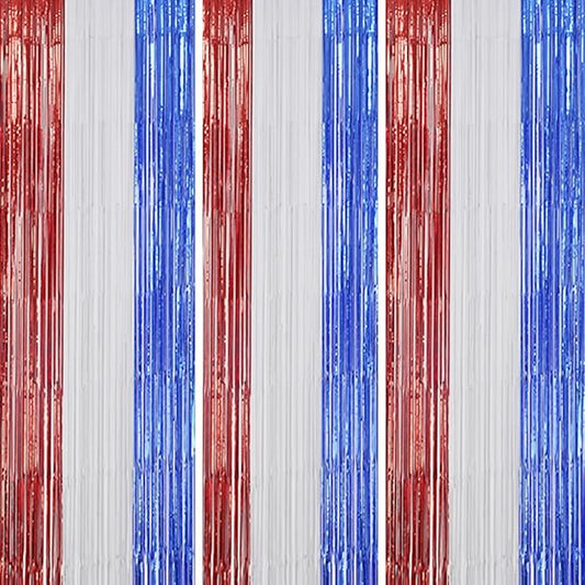 3 Pack Foil Fringe Backdrop - Red&White&Blue Shiny Tinsel Curtains for Party Decoration/Photo Booth Props - 3.3x8.2 FT Metallic Foil Backdrop for Birthday, Wedding, Graduation, Christmas.